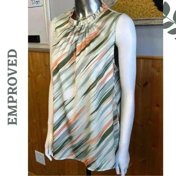 Empowered Sage Green Ikat Top Sleeveless Ruffle Collar Sustainable Fabric - Picture 2 of 5